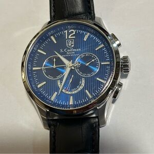 S Coifman SC0121 Watch With 44mm NavyBlue Chronograph Face & Black Leather Band